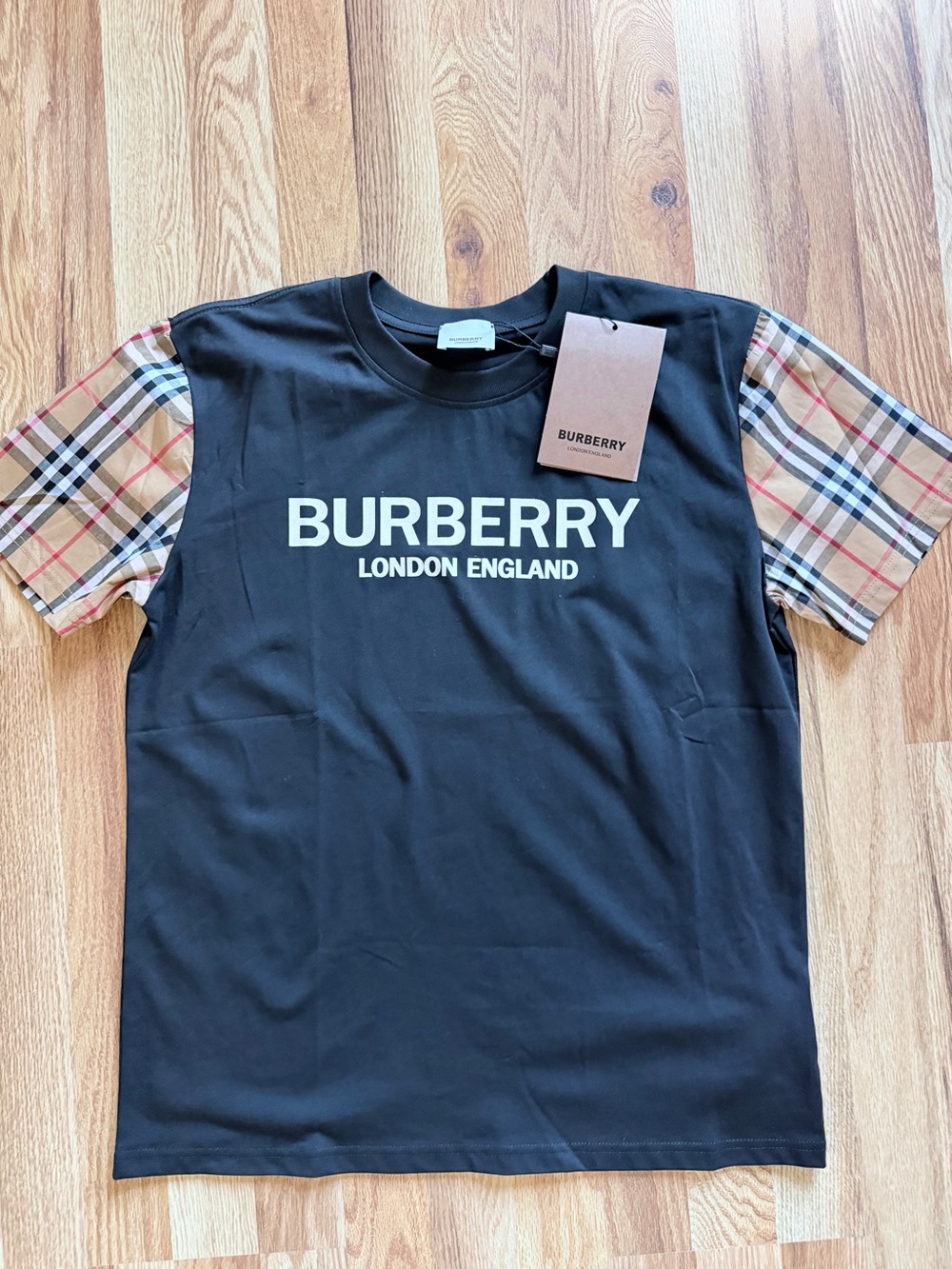 Burberry Black Tee with Vintage Check Short Sleeves